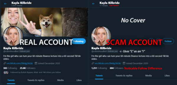 Comparison of a scammer impersonating Kayla Kilbride Twitter Account