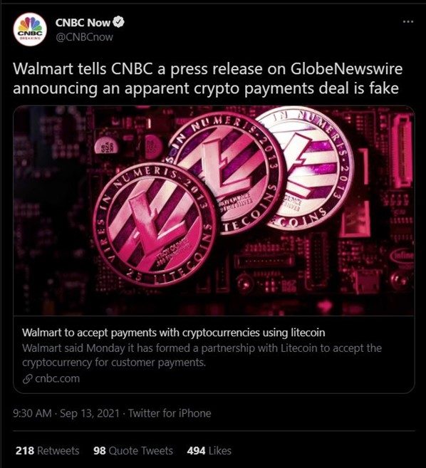 walmart tells cnbc a press release on globalnewswire announcing an apparent crypto payments deal is fake